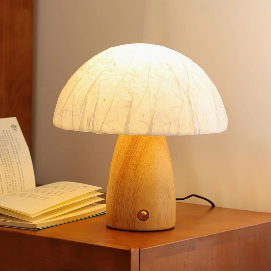Mushroom table lamp light wood color variant with pleated acrylic shade