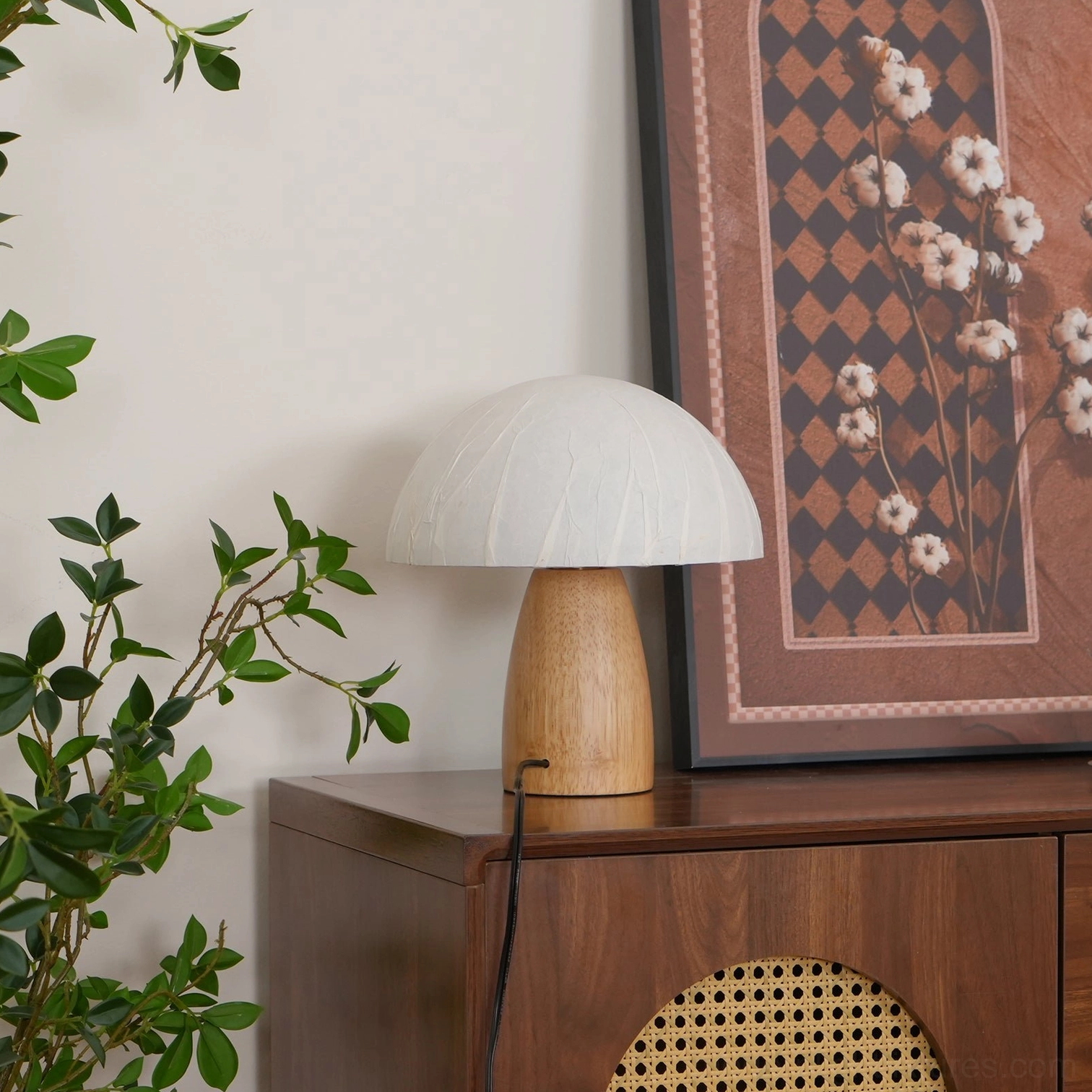 Mid-century modern mushroom table lamp with sculptural wooden base design