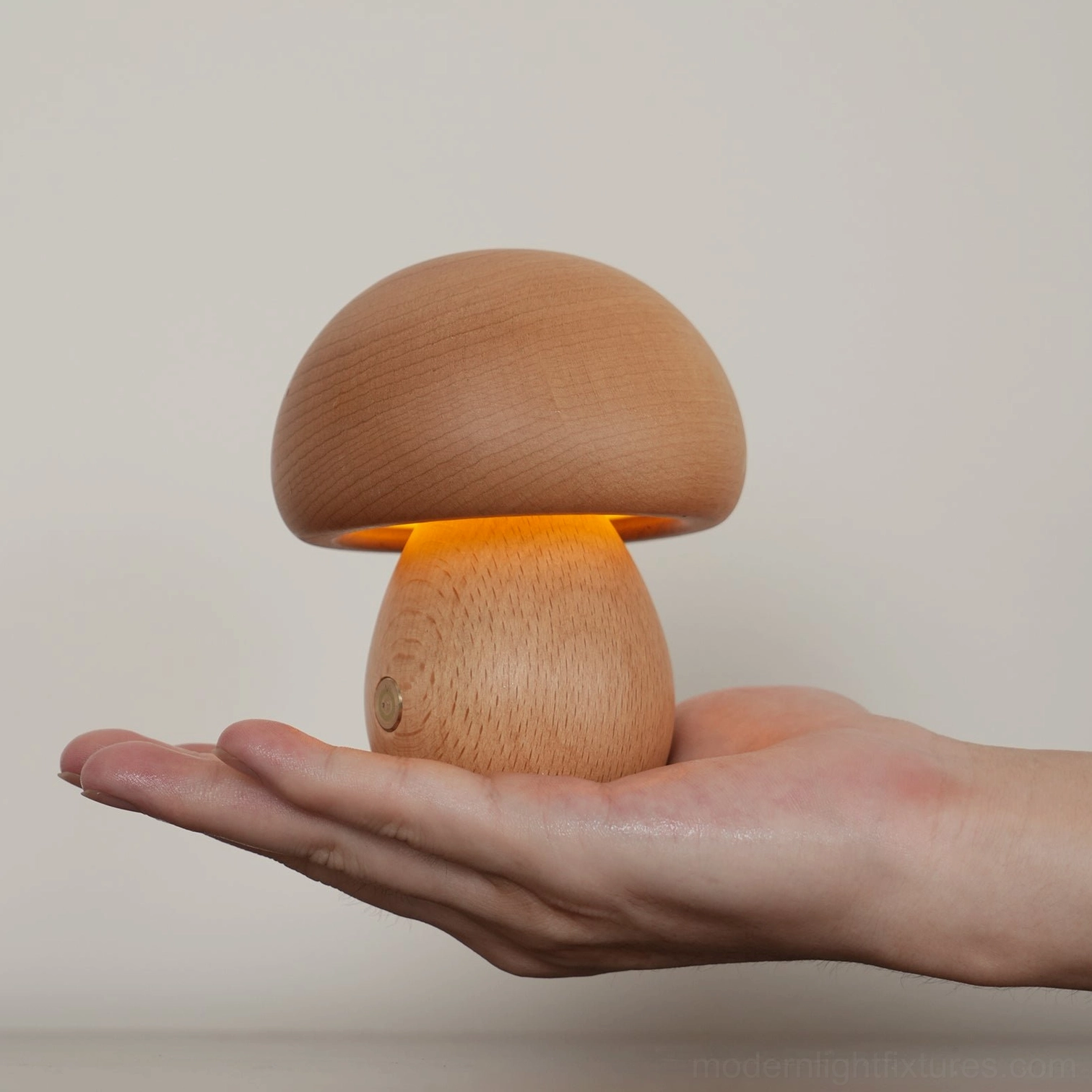 Wooden mushroom table lamp front showcase displaying smooth organic silhouette and premium wood grain