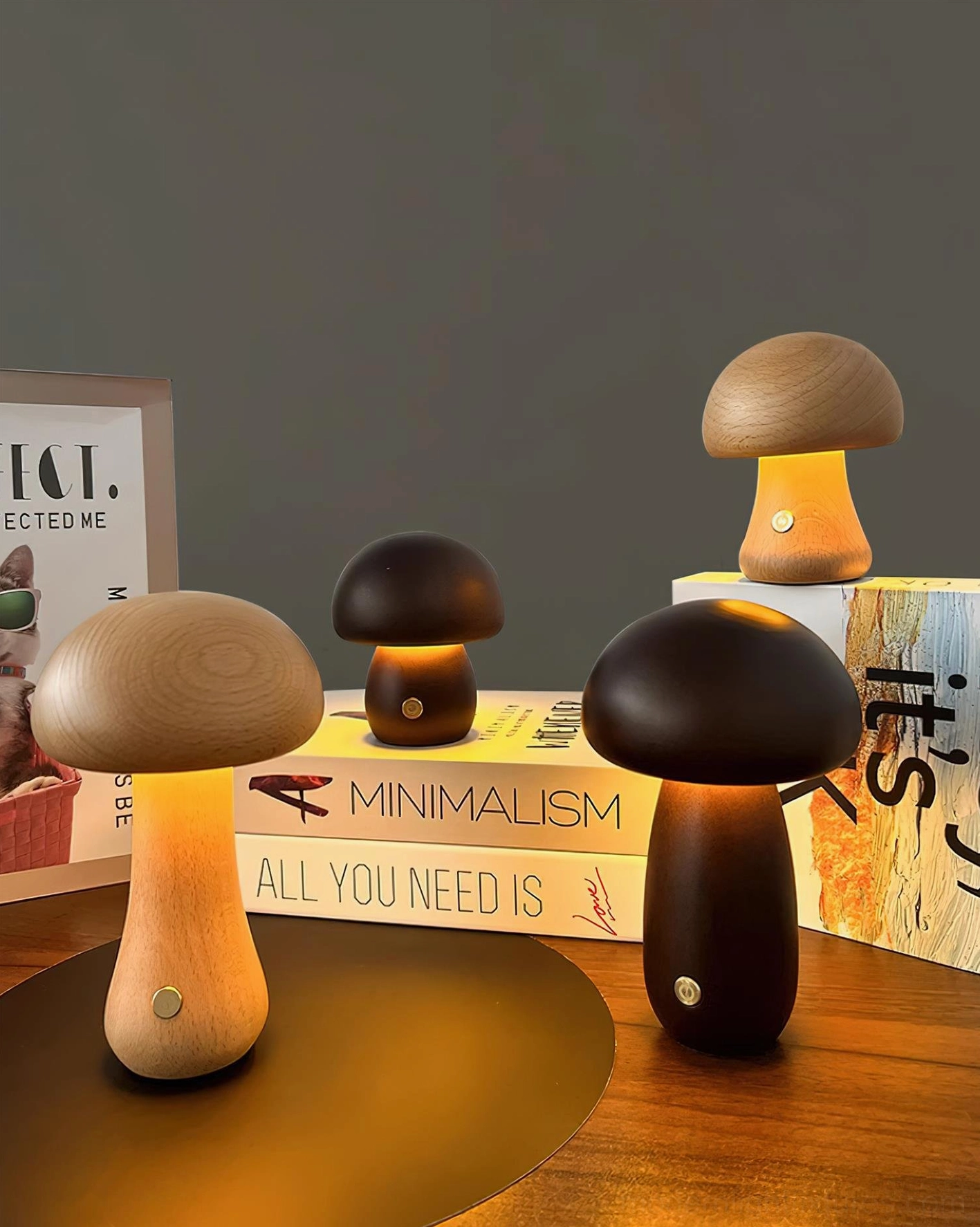 Wooden mushroom table lamp portfolio view showing premium solid wood construction and natural patina