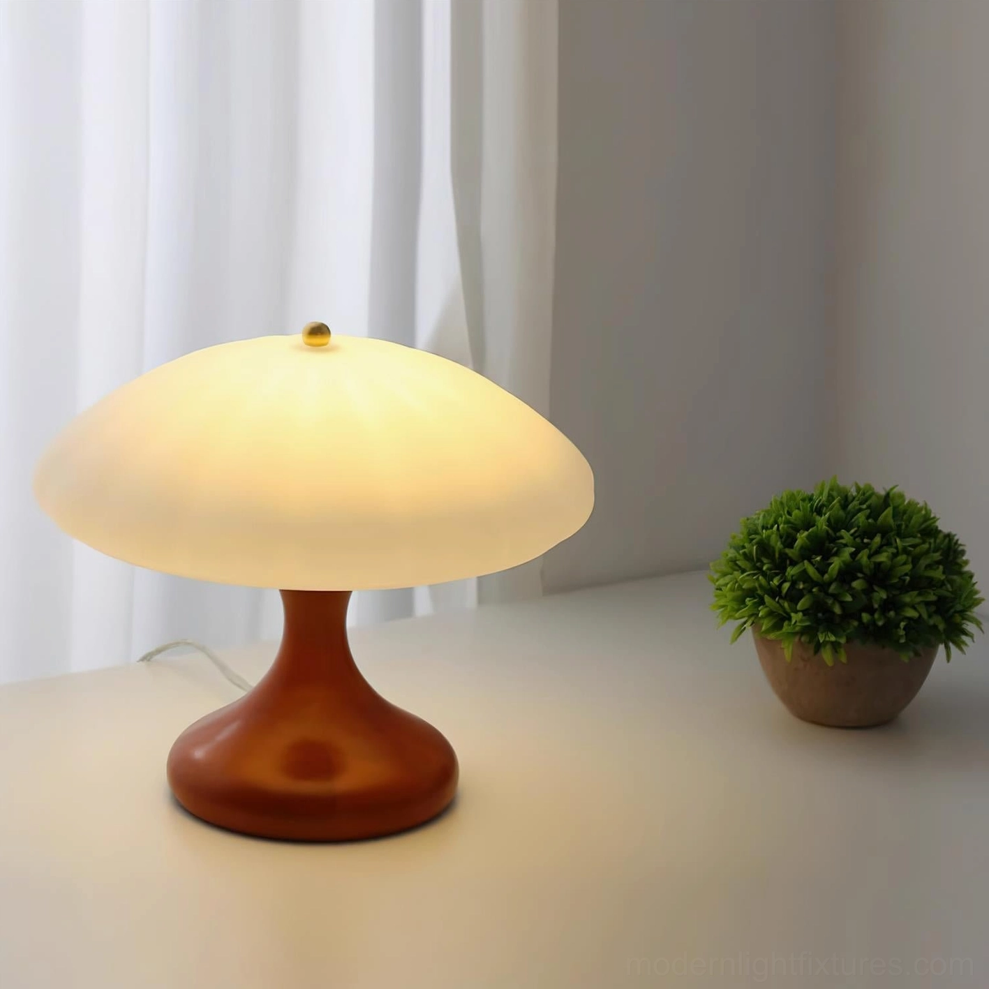 Mushroom table lamp in Scandinavian interior design setting with natural materials, plants, and minimalist décor coordination