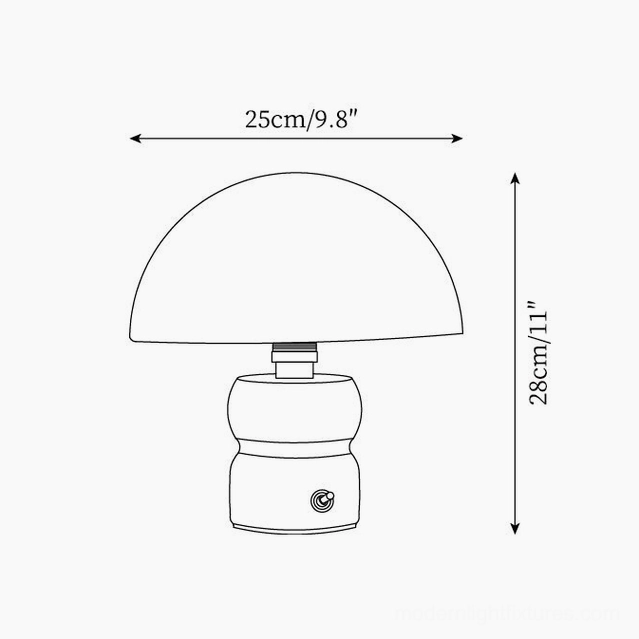 Technical schematic drawing of mushroom table lamp showing dimensions 25cm width 28cm height specifications