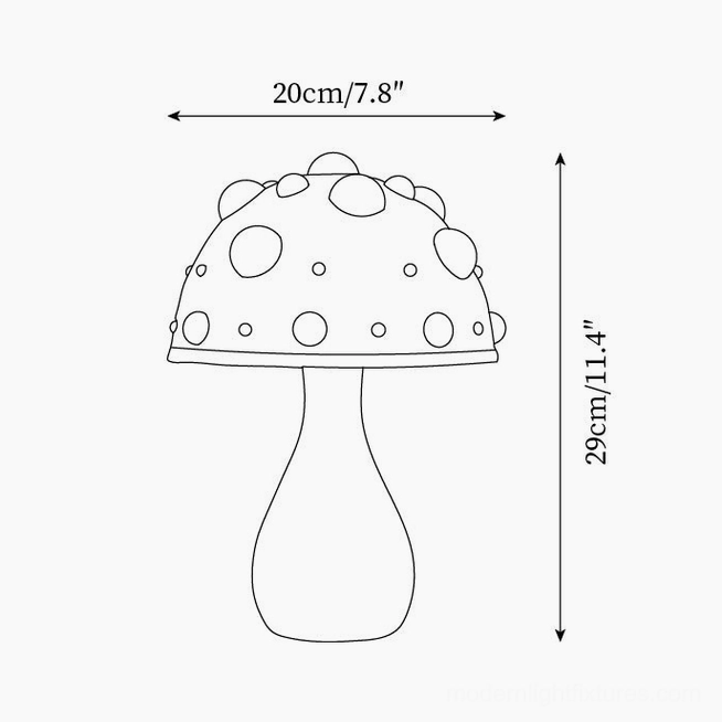 Technical schematic line drawing of mushroom table lamp with size dimensions marked on white background