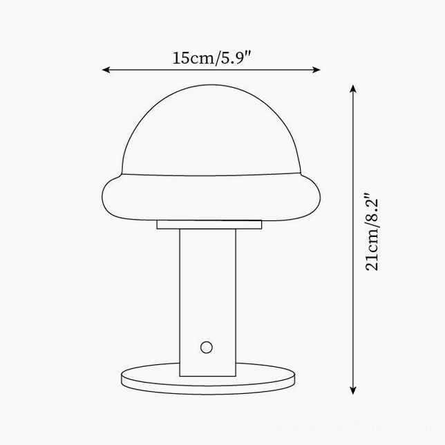 Technical line drawing orthographic view of mushroom table lamp showing dimensions 15cm width and 21cm height