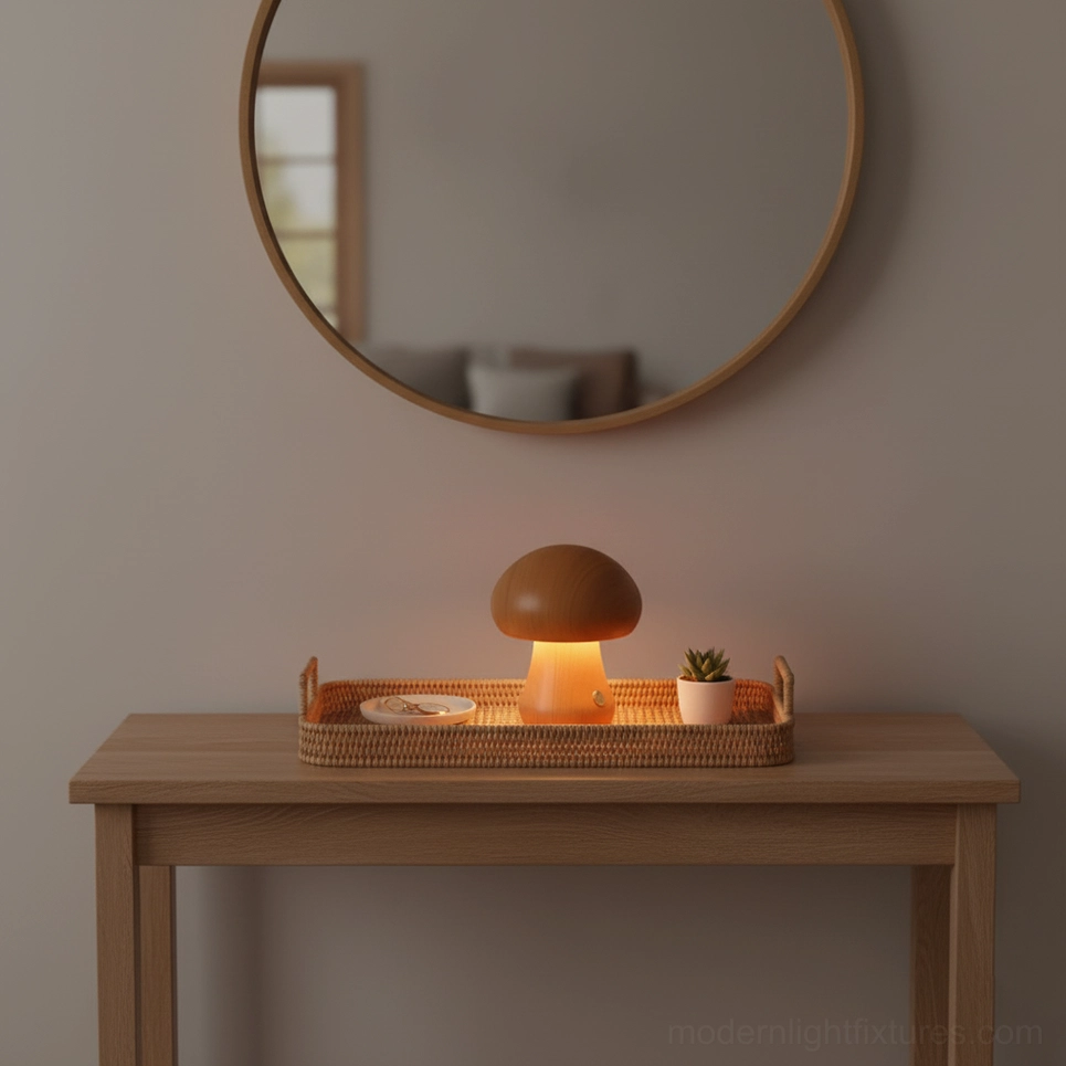 Touch-activated wooden mushroom table lamp showing integrated LED technology in natural wood finish