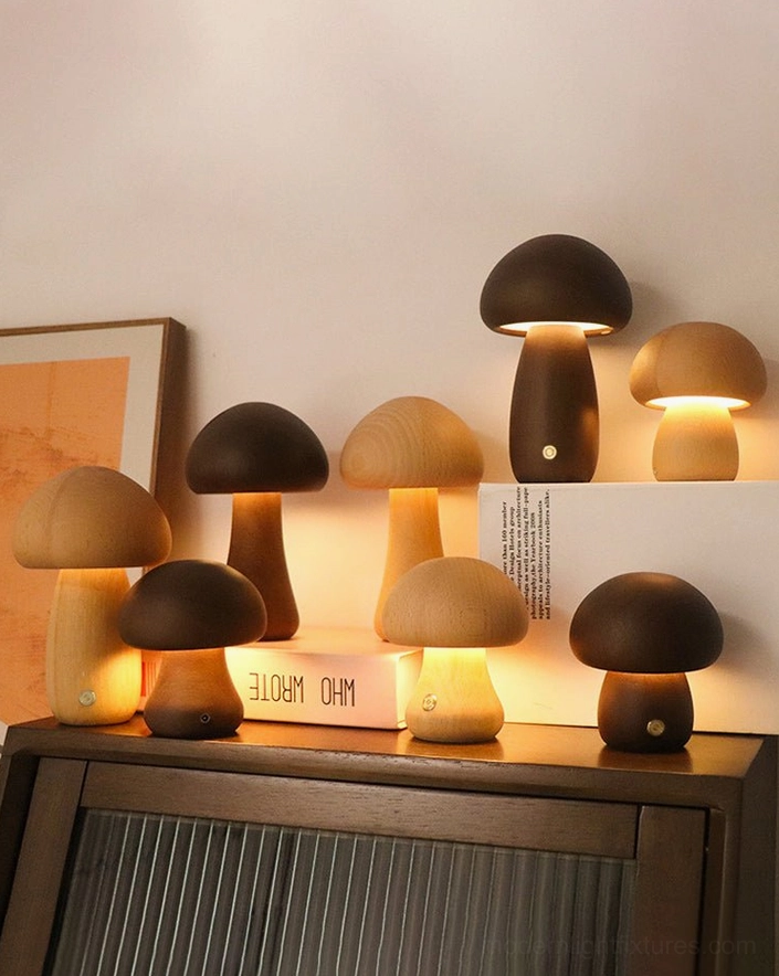 Set of wooden mushroom table lamps in walnut and natural wood colors displayed on side table with multiple units