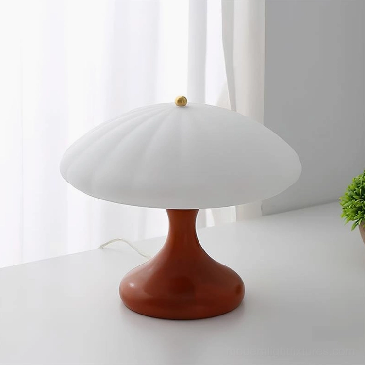 Mushroom table lamp with walnut color wood base and white frosted shade, detailed base construction and design detail view