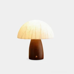 Mushroom table lamp front view with dark walnut wooden base and pleated acrylic dome shade