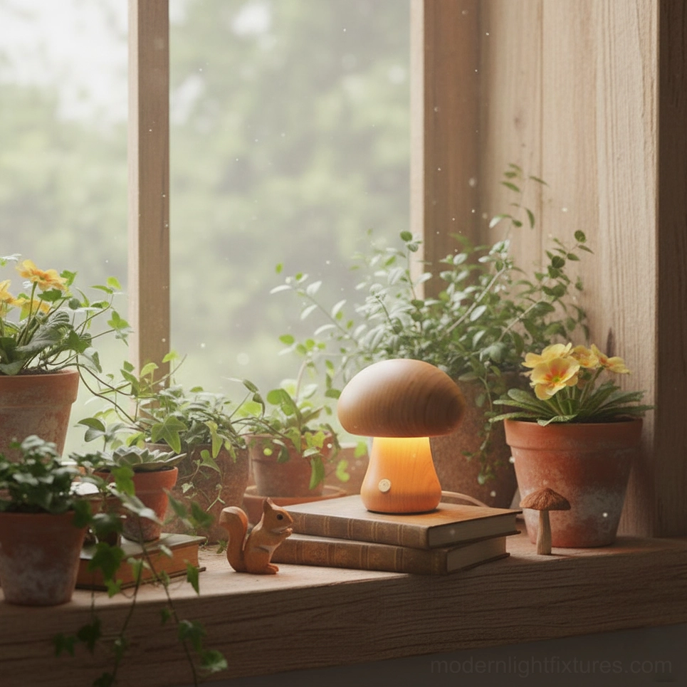 Natural wood mushroom lamp displayed on windowsill with potted plants and stacked books garden scene