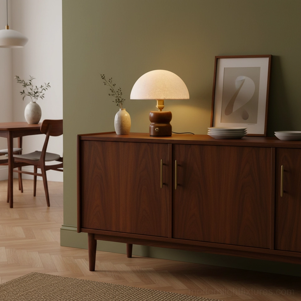 Organic minimalist mushroom table lamp with natural wood base and fabric shade detail view