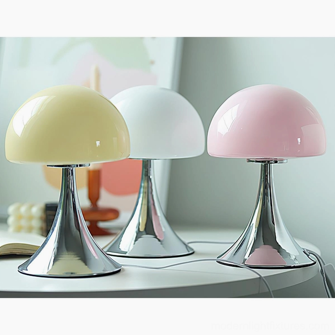Three Mushroom Table Lamps in Beige, White & Pink - Modern Minimalist Color Options