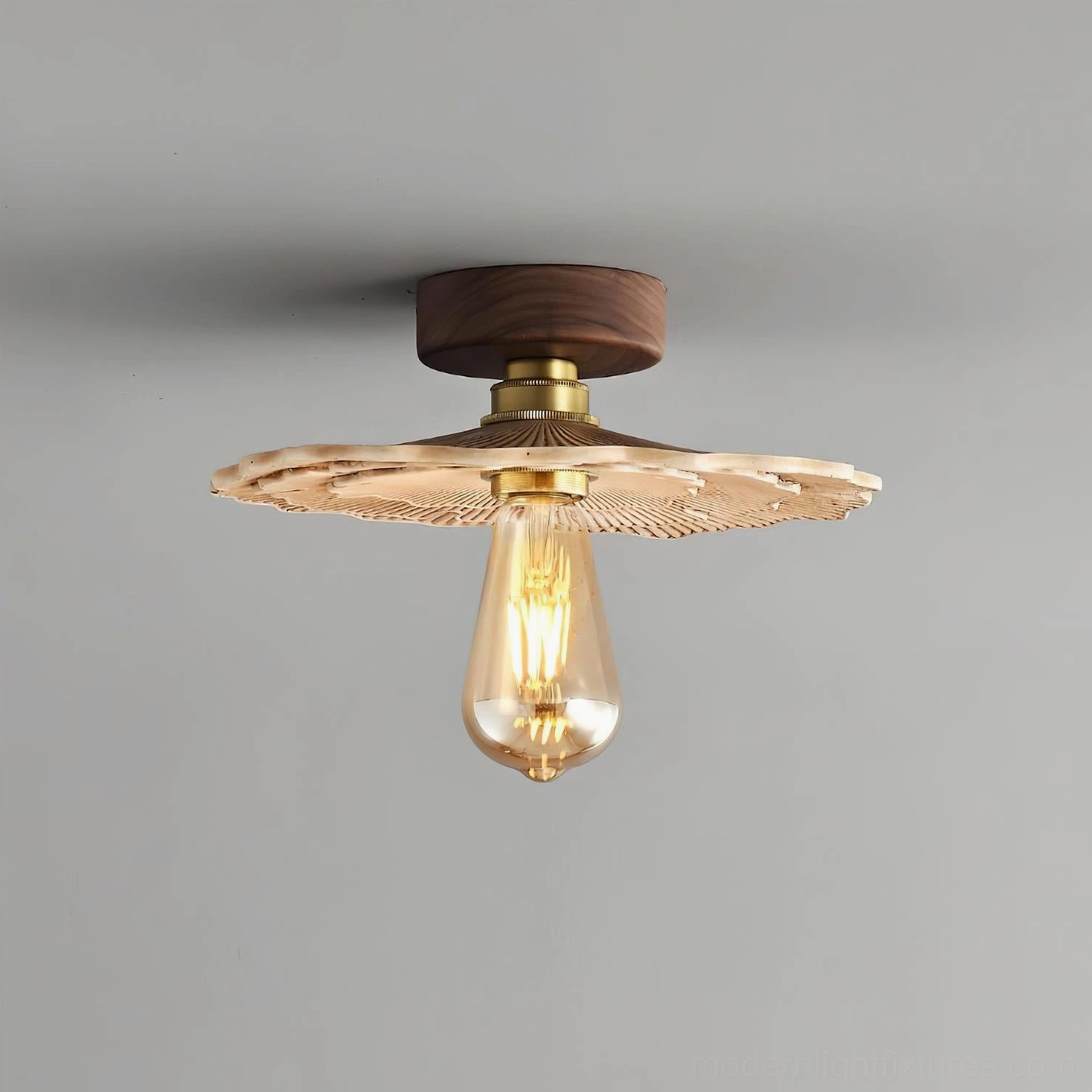 Mushroom-inspired ceiling light fixture showing ribbed carved design and brass hardware components, side view against gray background
