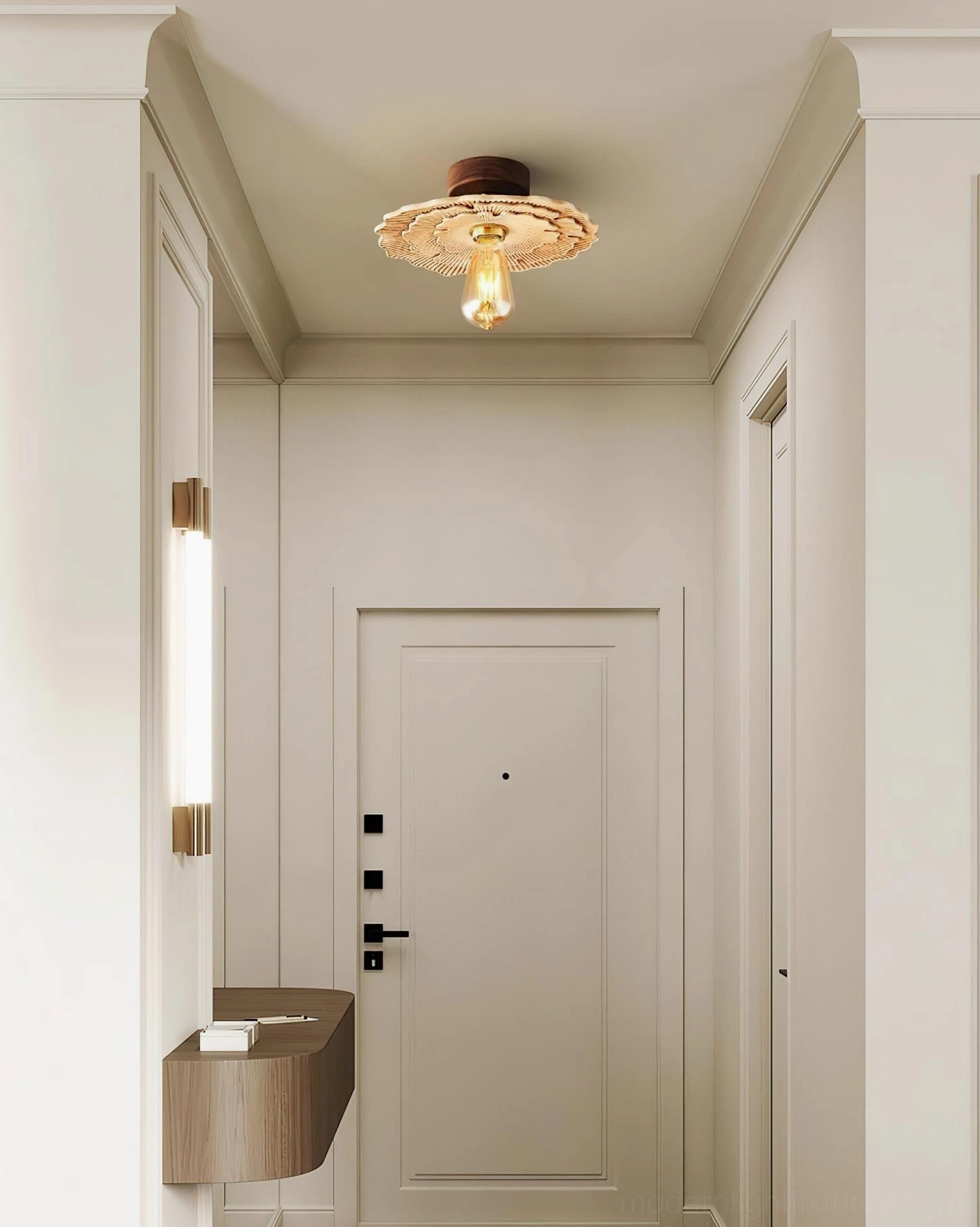 Organic carved ceiling light fixture mounted in neutral minimalist apartment entry hallway, distant overhead perspective showing installation