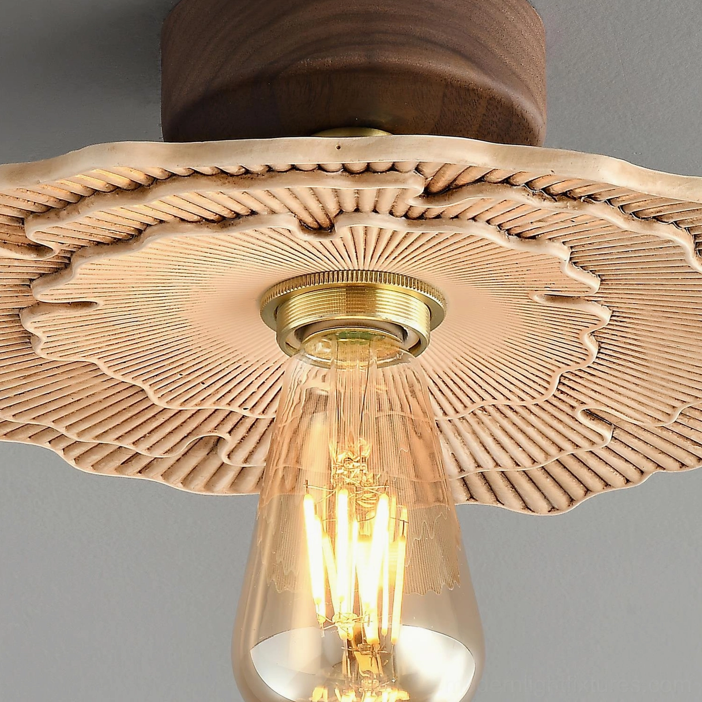 Myco organic carved ceiling light fixture with solid wood base and complete assembly, detailed studio perspective