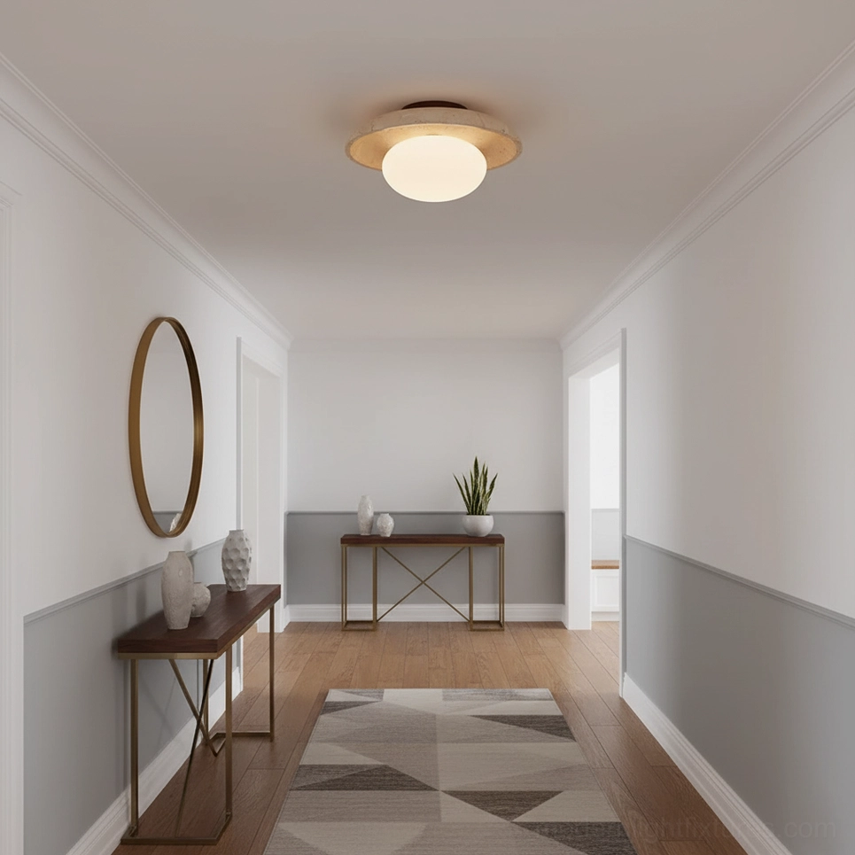Multiple Mylie travertine ceiling light fixtures in different finishes showing white beige and walnut color options