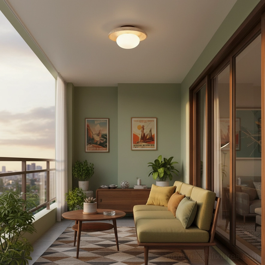 Mylie natural stone ceiling lamp in sunlit living room corner with mid-century sofa plants and minimalist wall art