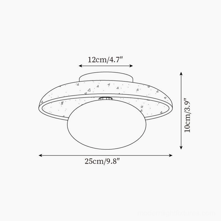 Technical dimension drawing and orthographic specifications for Mylie travertine ceiling light fixture showing 25cm diameter and 10cm height