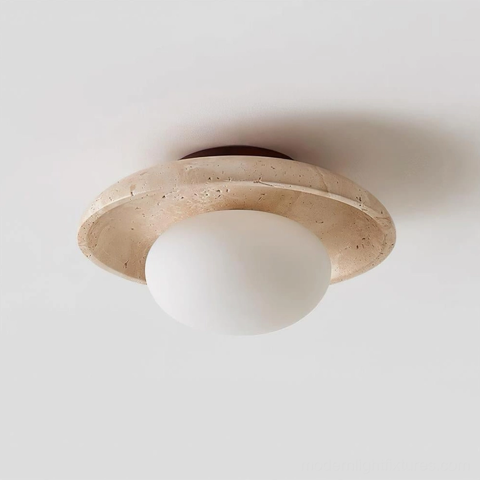 Mylie ceiling light in walnut finish with beige travertine stone frame showing warm color coordination options