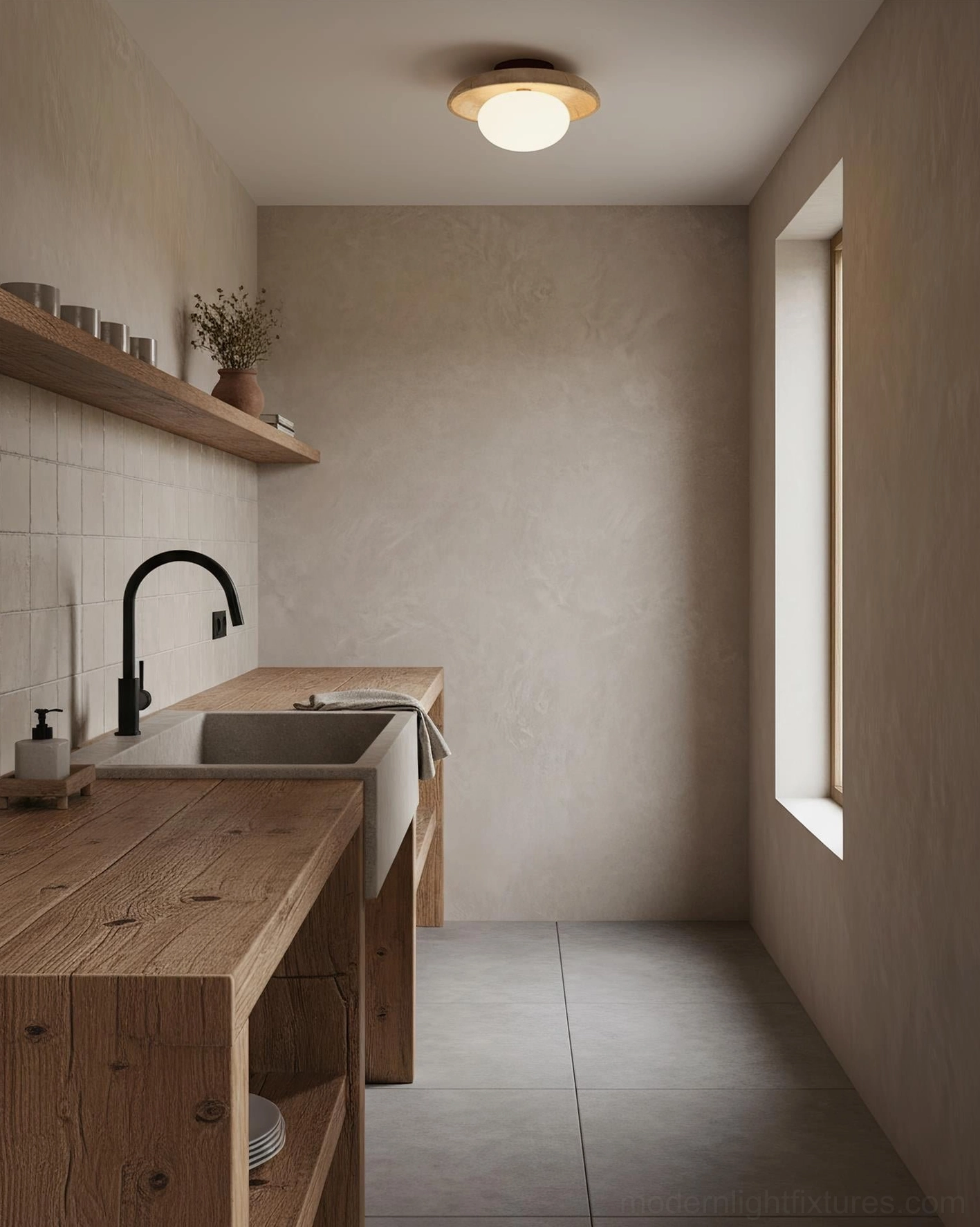 Mylie travertine ceiling light fixture in warm interior with wood furnishings showing material harmony and design cohesion