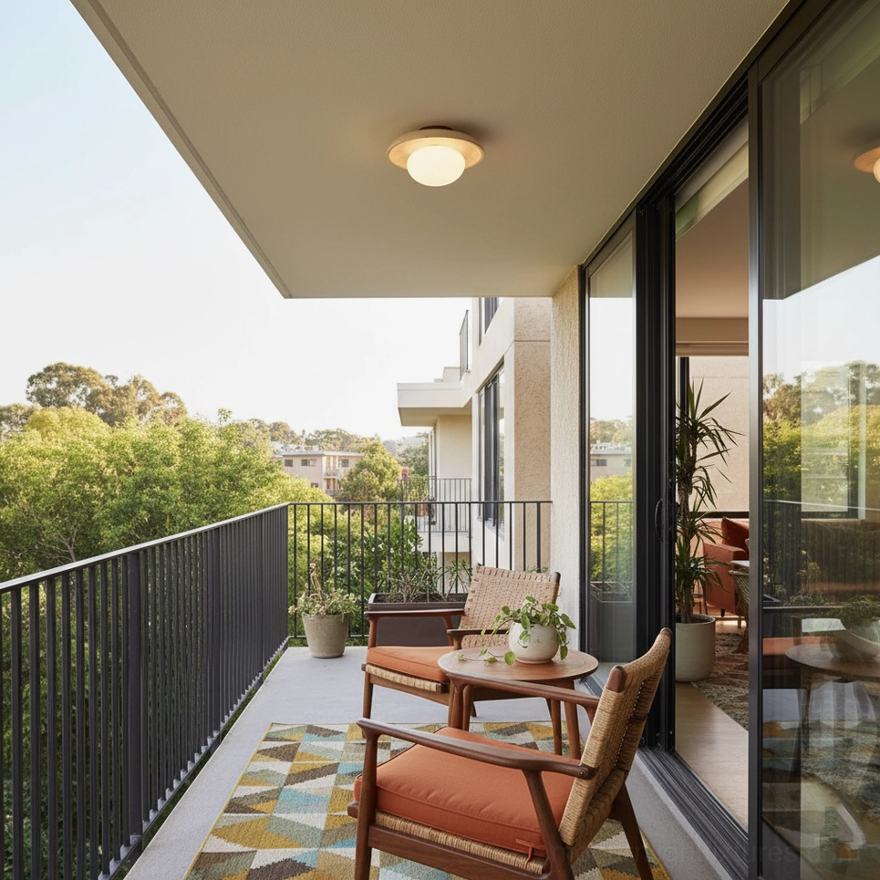 Mylie travertine ceiling light on outdoor residential balcony with woven chairs patterned rug and warm patio ambiance