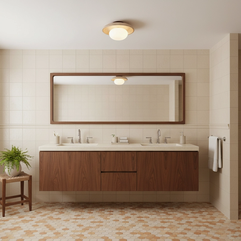 Mylie ceiling light fixture in modern bathroom above wooden double vanity with large mirror and warm neutral finishes