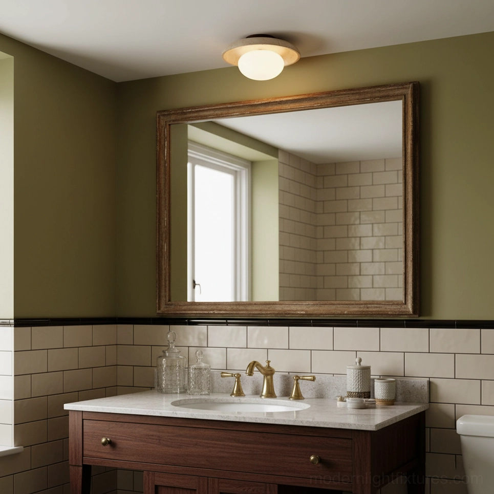 Mylie ceiling light fixture in warm beige finish showing travertine frame and frosted glass in neutral interior space