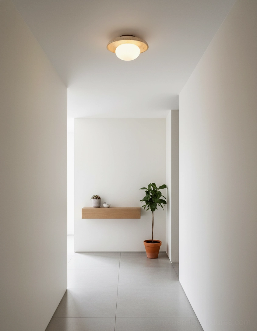 Mylie ceiling light fixture installed in powder room showing damp-rated bathroom application with vanity mirror