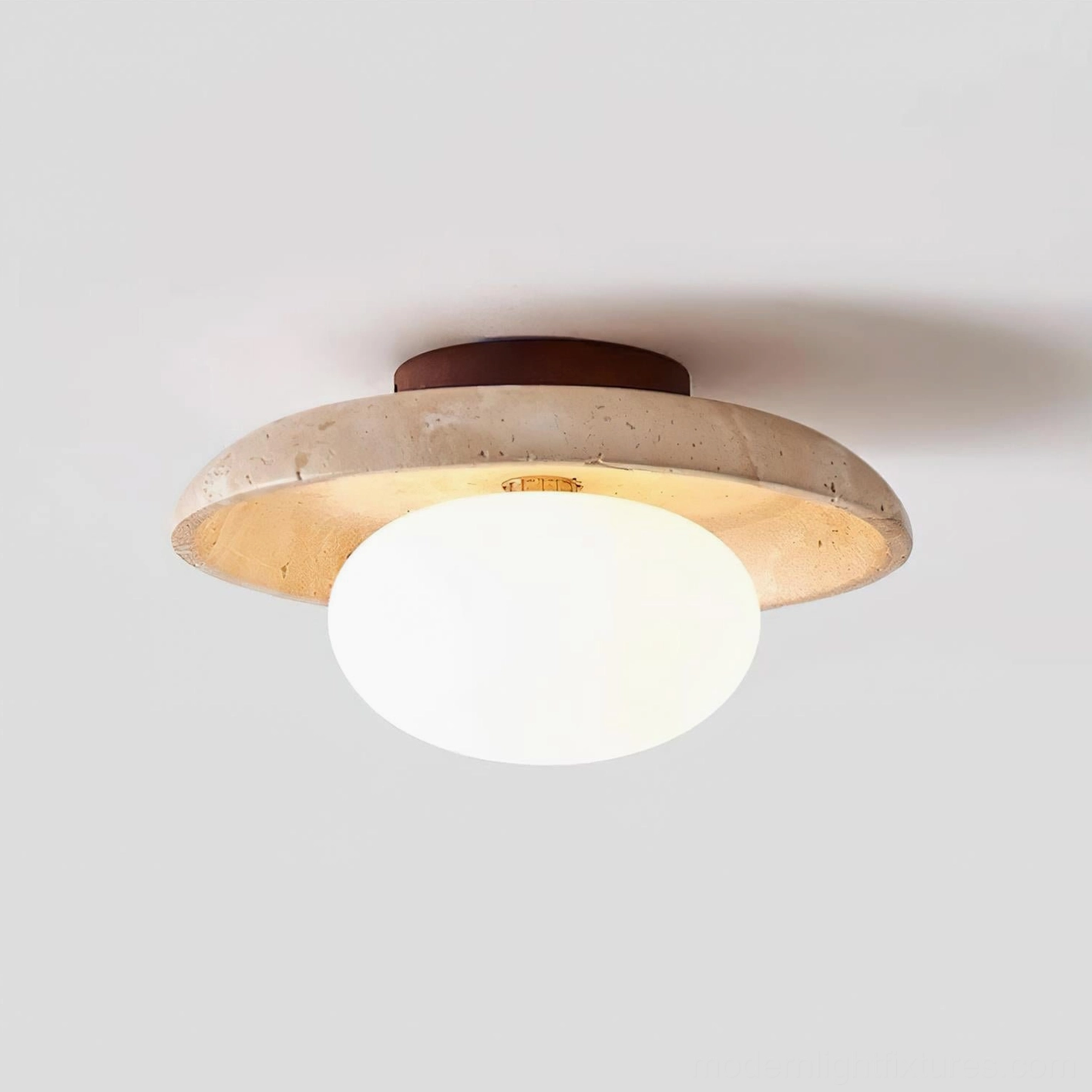 Mylie natural stone ceiling lamp with wood canopy showing transition between fixture and ceiling surface materials