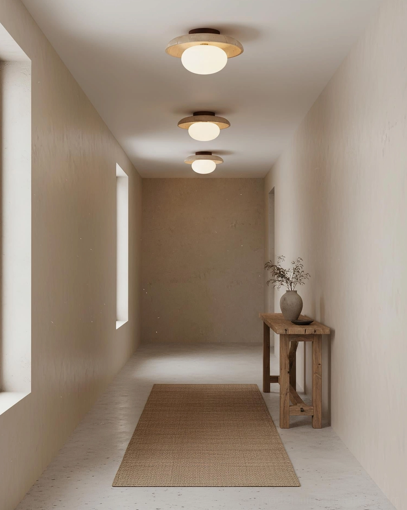 Mylie natural stone ceiling lamp in walnut finish installed in rustic mid-century bedroom with wood furniture