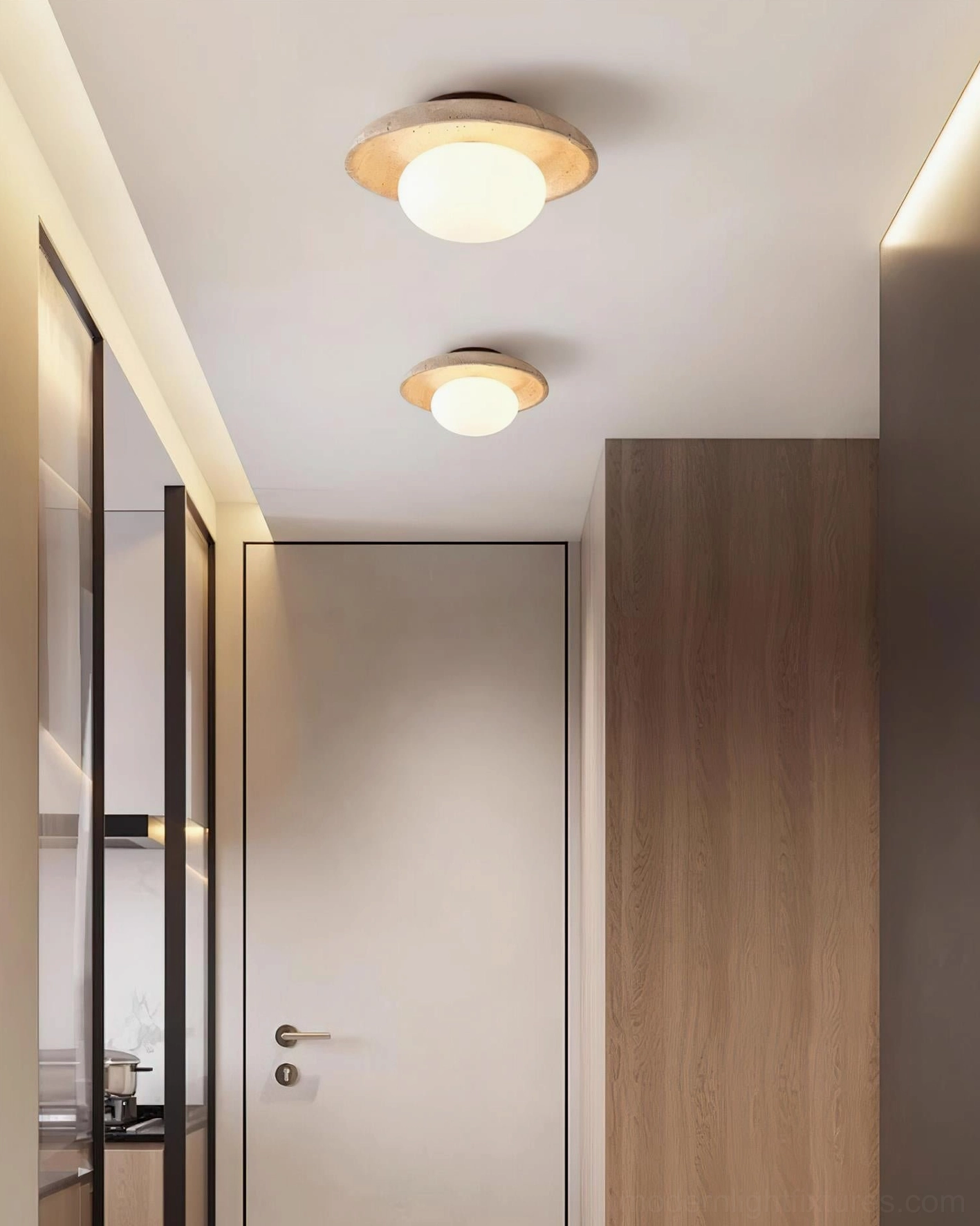 Mylie natural stone ceiling lamp installed in modern hallway with warm ambient lighting and minimalist interior design