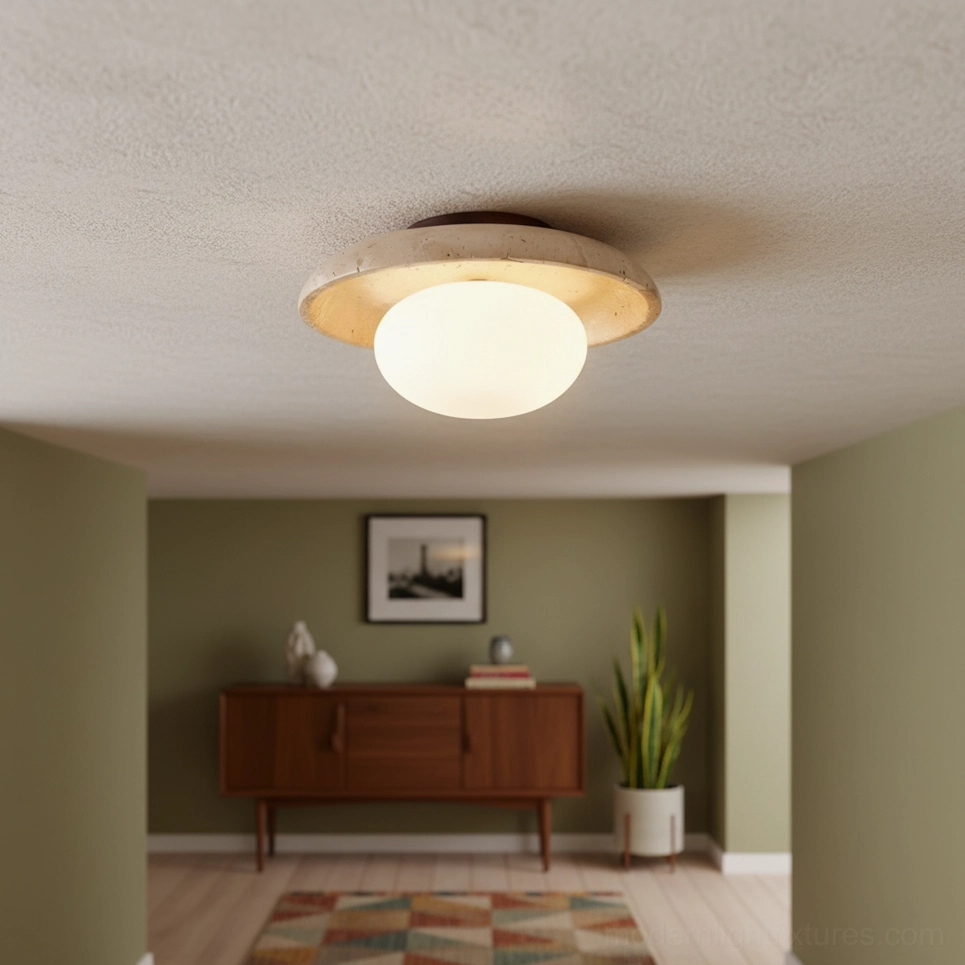 Mylie ceiling light fixture in contemporary living room with wooden sideboard potted plants and warm earthy interior design