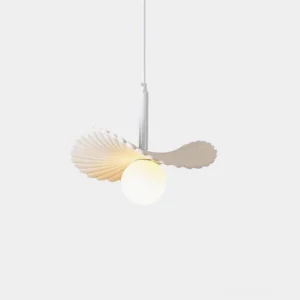 Myrna modern pendant light with dual-petal fluted acrylic shade, front studio view showcasing geometric design and organic biomimetic form