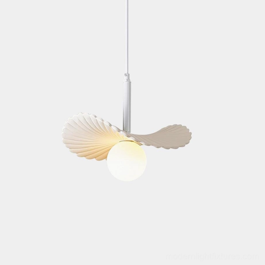 Myrna modern pendant light with dual-petal fluted acrylic shade, front studio view showcasing geometric design and organic biomimetic form