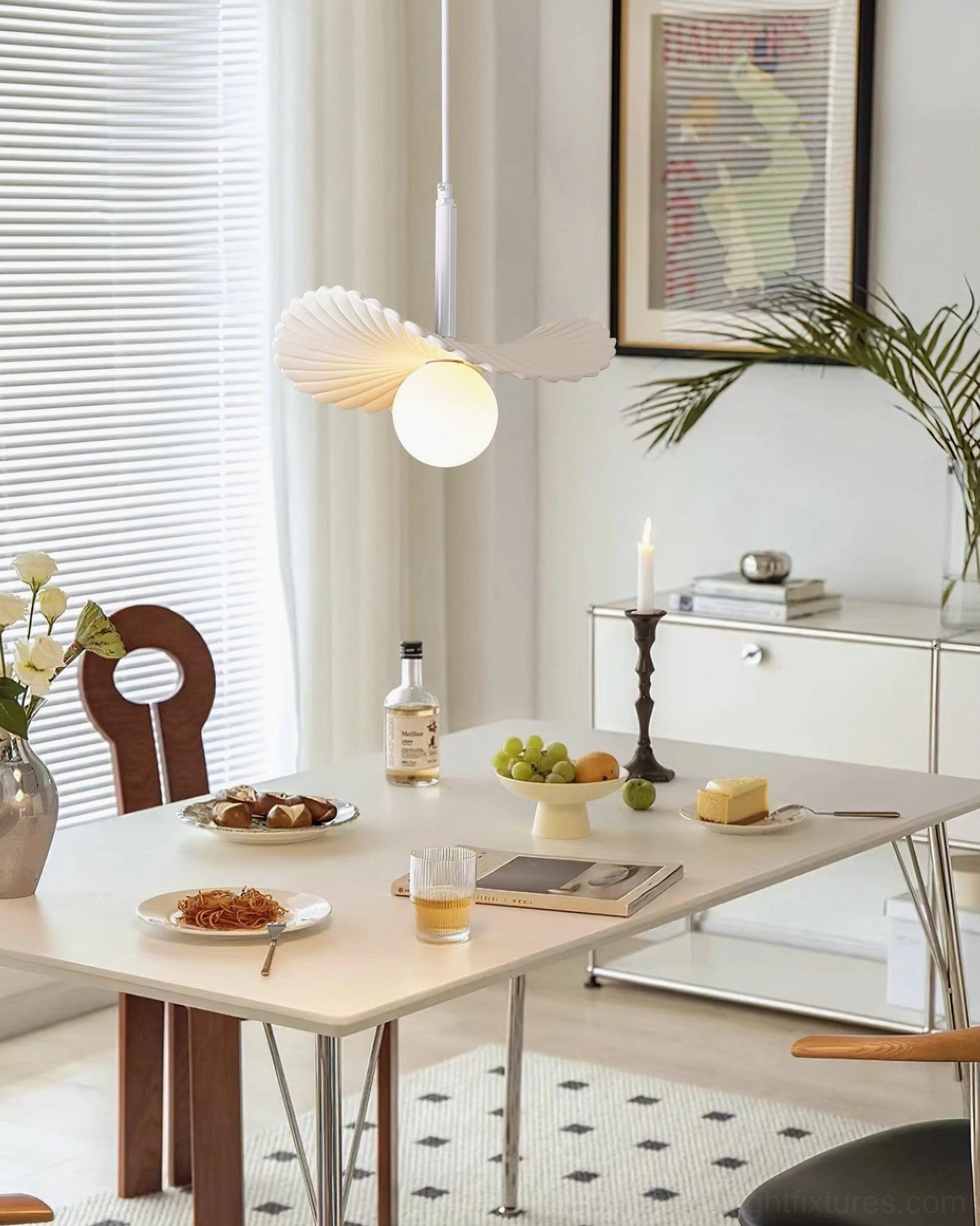 Myrna modern pendant light in bright dining room with window blinds and natural light, contemporary minimalist home interior
