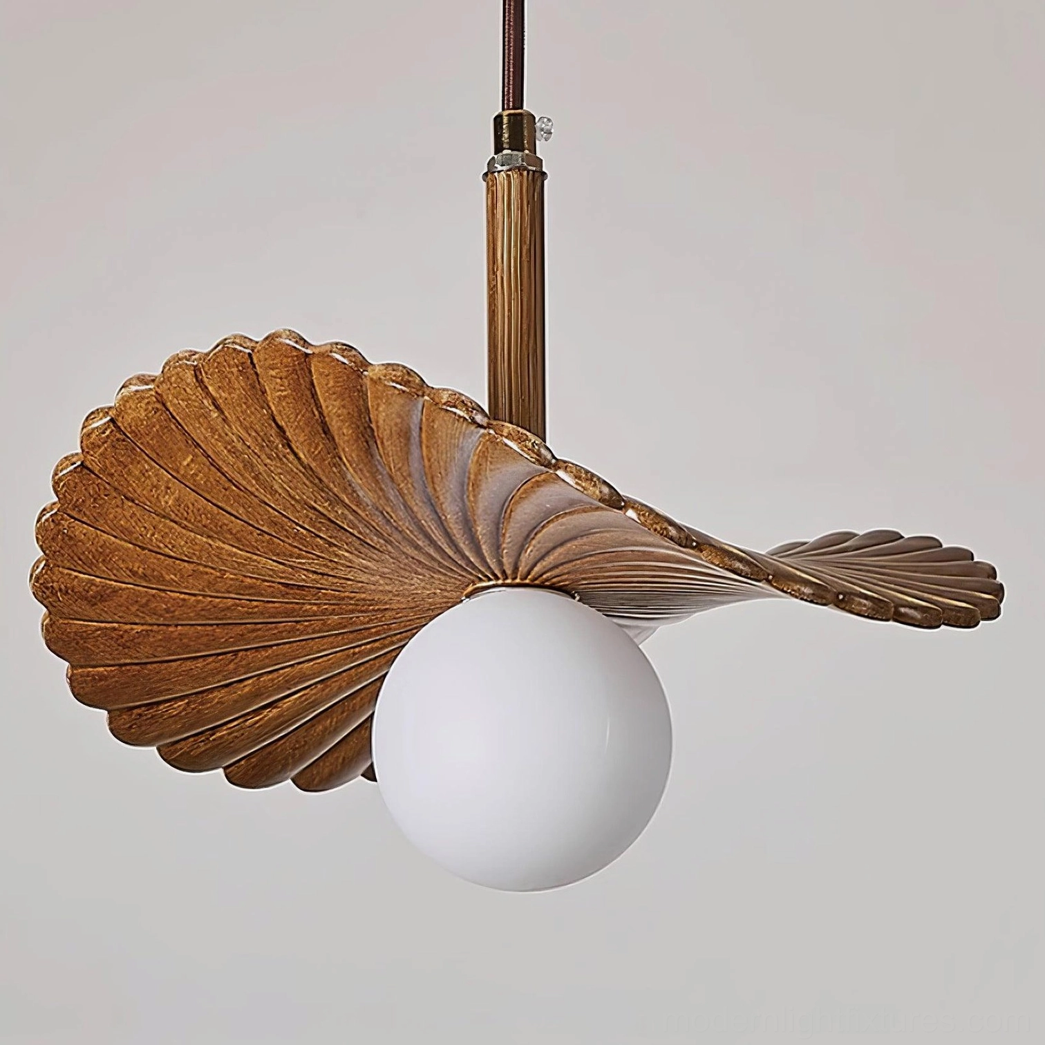 Myrna pendant light showing side profile of fluted acrylic shade and metal suspension hardware, geometric design emphasis
