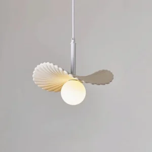 White frosted acrylic Myrna pendant lamp with silver metal hardware and G9 socket, neutral backdrop showing fine craftsmanship