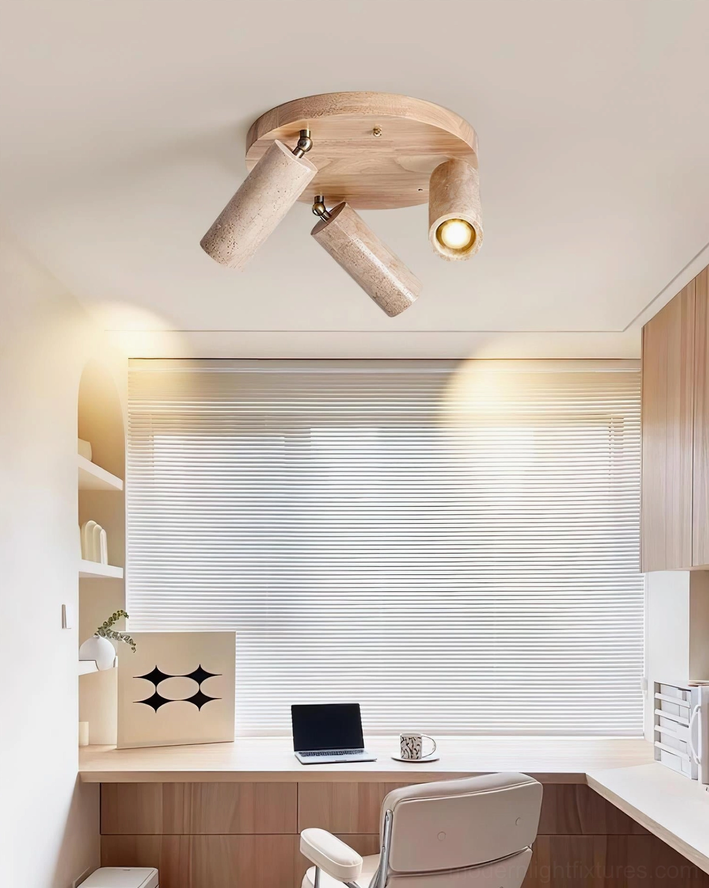 Beige travertine ceiling light with warm wood canopy and brass accents, overhead studio photography