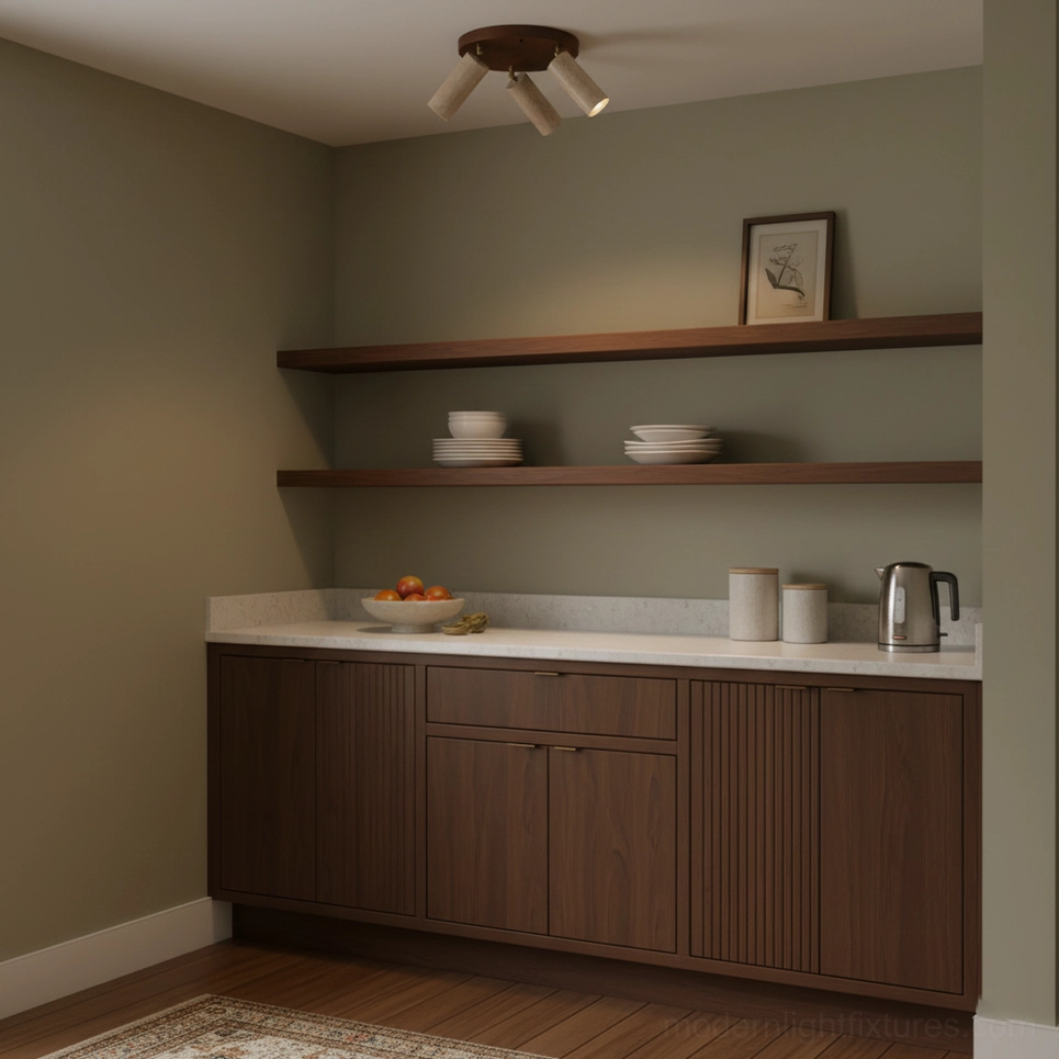 Modern travertine and wood ceiling light installed in kitchen storage counter area with dark wood tones minimalist aesthetic