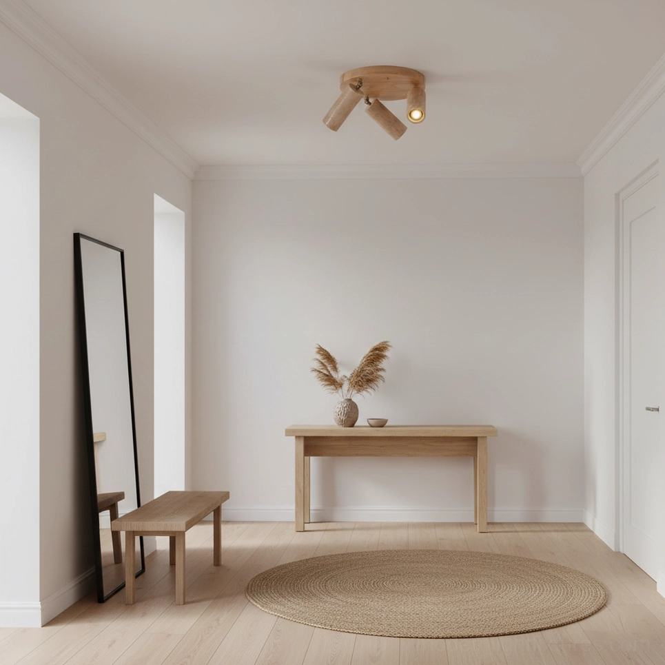 Myrtle 3-head ceiling light fixture installed in minimalist residential living hallway with neutral warm interior decor