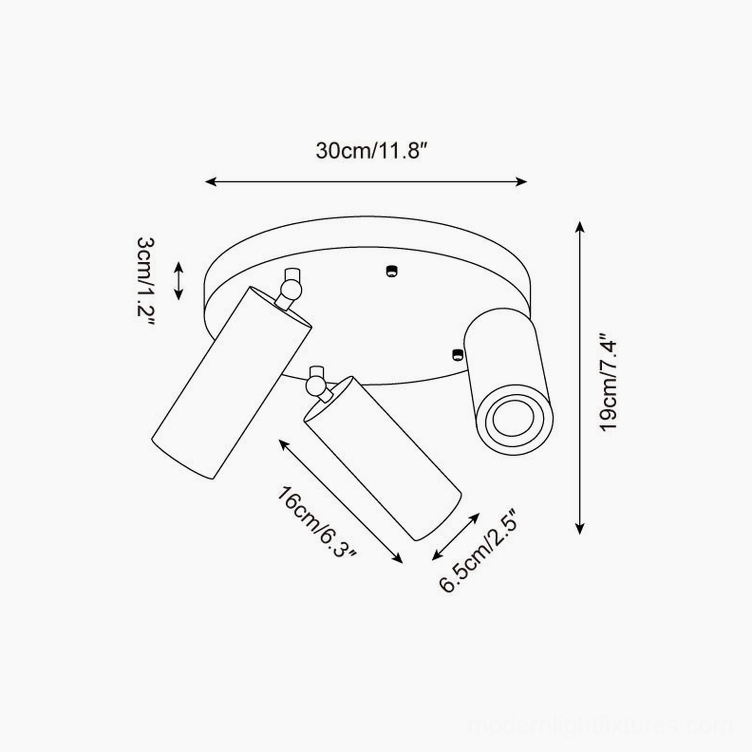 Myrtle ceiling light technical dimension schematic showing 30cm diameter and 19cm height specifications for 3-head fixture