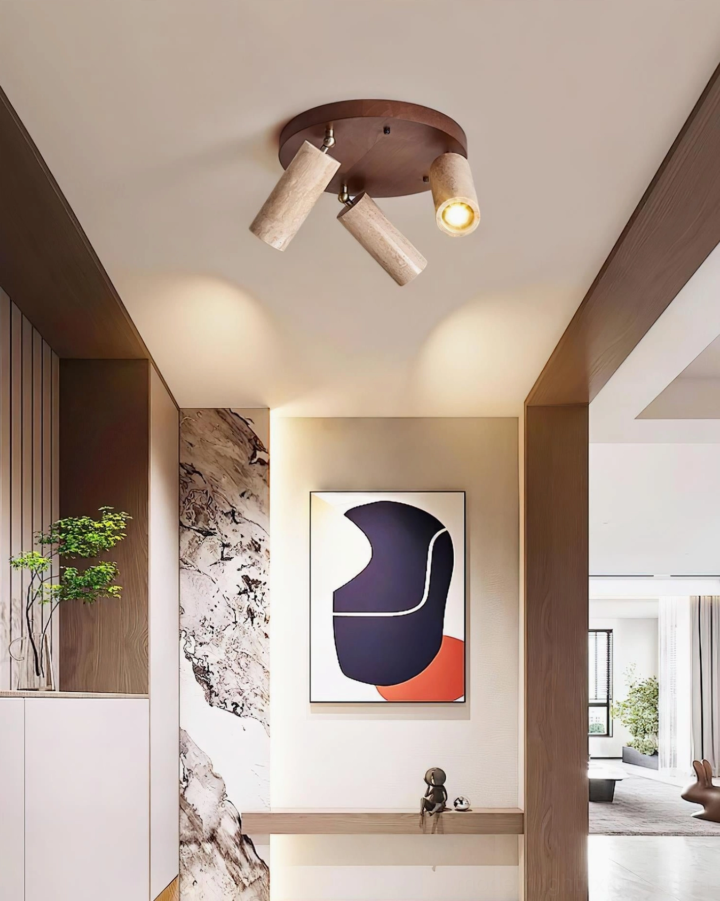 Myrtle adjustable ceiling light installed in modern residential hallway with white walls, minimalist wabi-sabi interior design