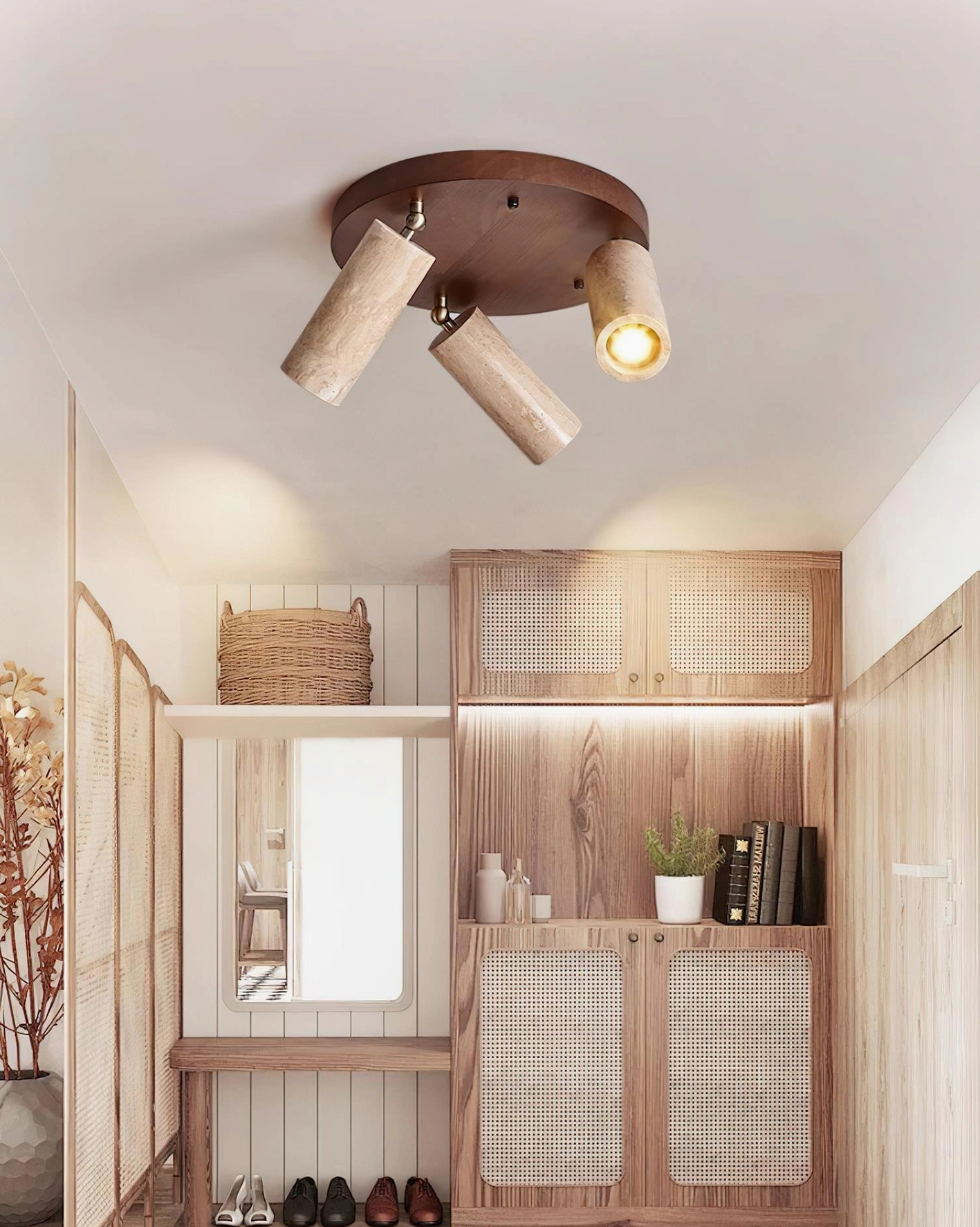 Modern 3-head travertine and wood ceiling light demonstrating sculptural design quality and natural material beauty