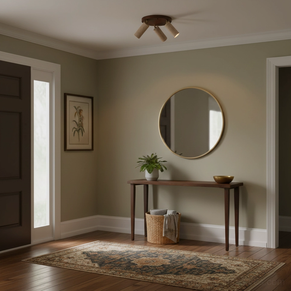 Myrtle 3-head adjustable ceiling light with travertine cylinders and warm brass hardware, close-up detail view