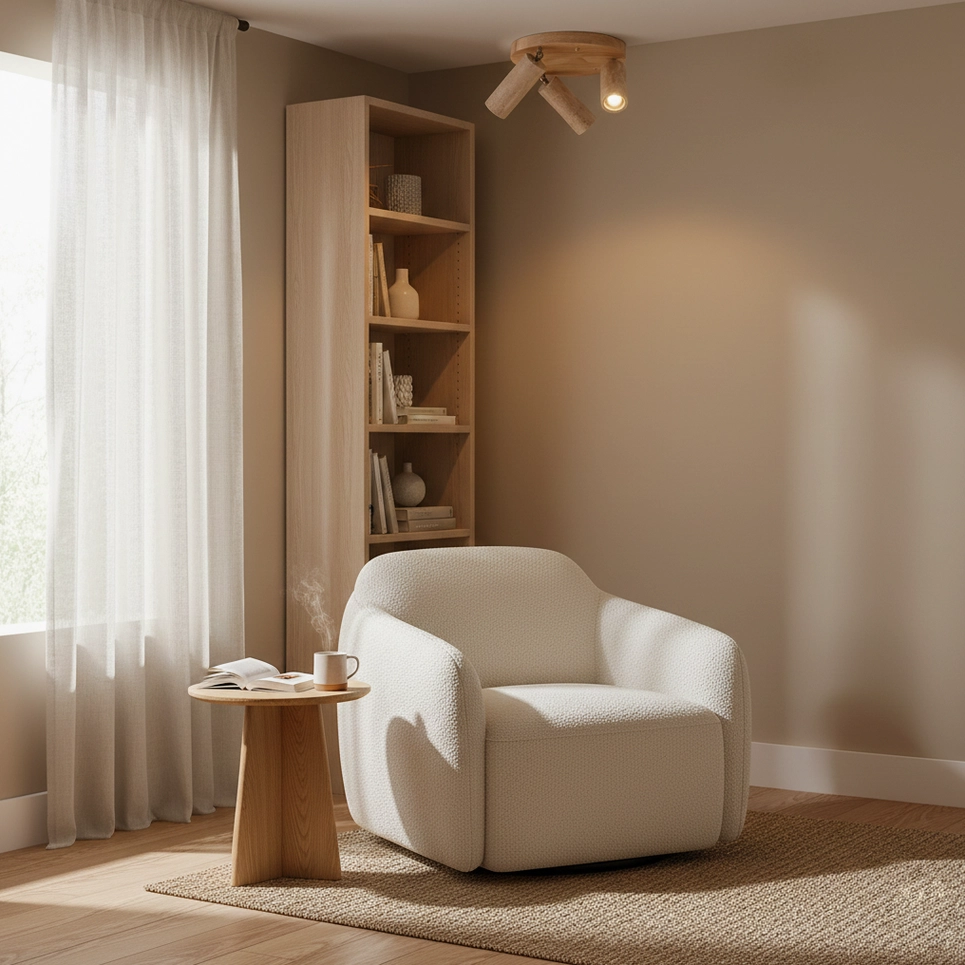 Travertine and wood ceiling light in cozy residential living room with lounge chair, warm wabi-sabi interior style