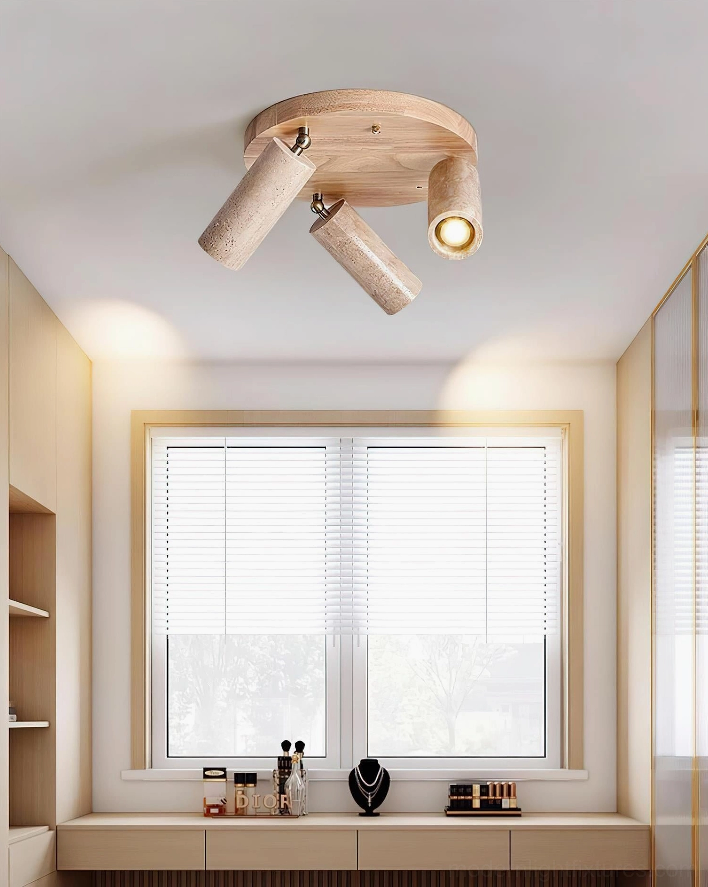 Travertine and wood modern ceiling light fixture showcasing material texture and natural stone characteristics detail