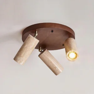 Walnut color travertine ceiling light with rotatable spotlight heads and warm LED bulbs, three-quarter front studio view
