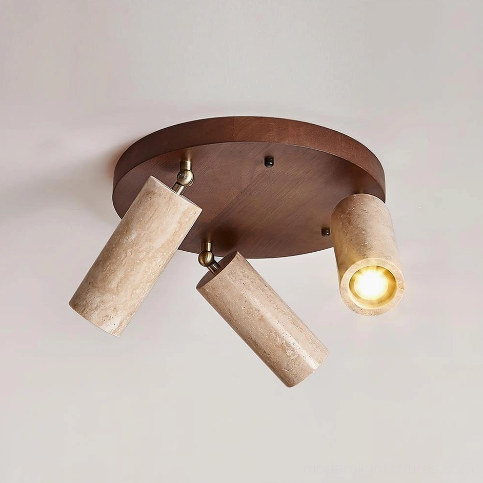 Walnut color travertine ceiling light with rotatable spotlight heads and warm LED bulbs, three-quarter front studio view