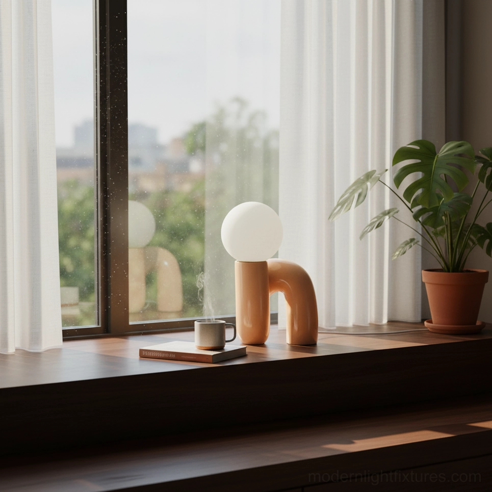 N-shaped ceramic table lamp with tan brown base on windowsill with coffee mug, cozy residential interior