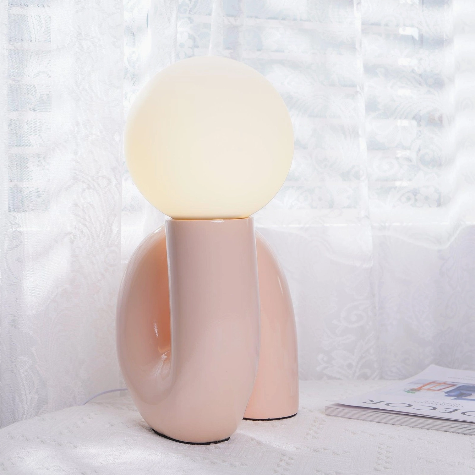 Contemporary N-shape ceramic glass lamp dark red color option in interior living space