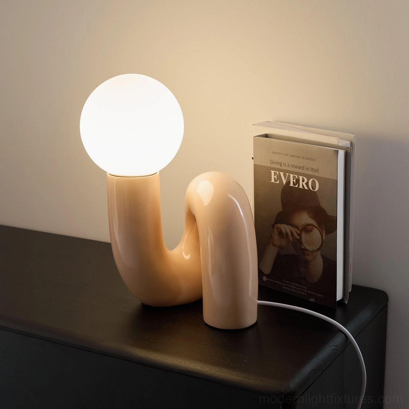 N-shape contemporary glass lamp demonstrating energy-efficient 5W LED bulb compatibility